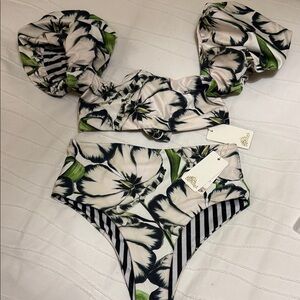 Agua Bendita Striped Bikini with Floral Accents